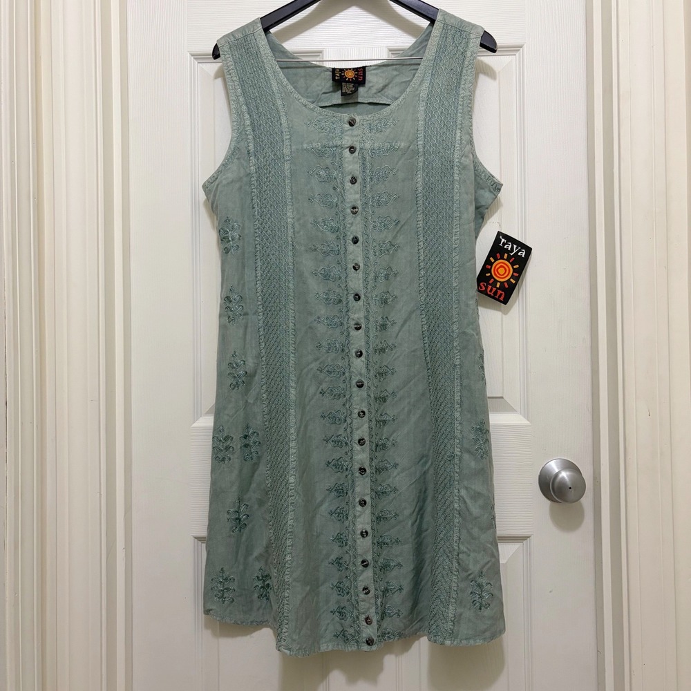 NEW Raya Sun Sleeveless Button Front Dress XL Sage Green Embroidered Cottagecore